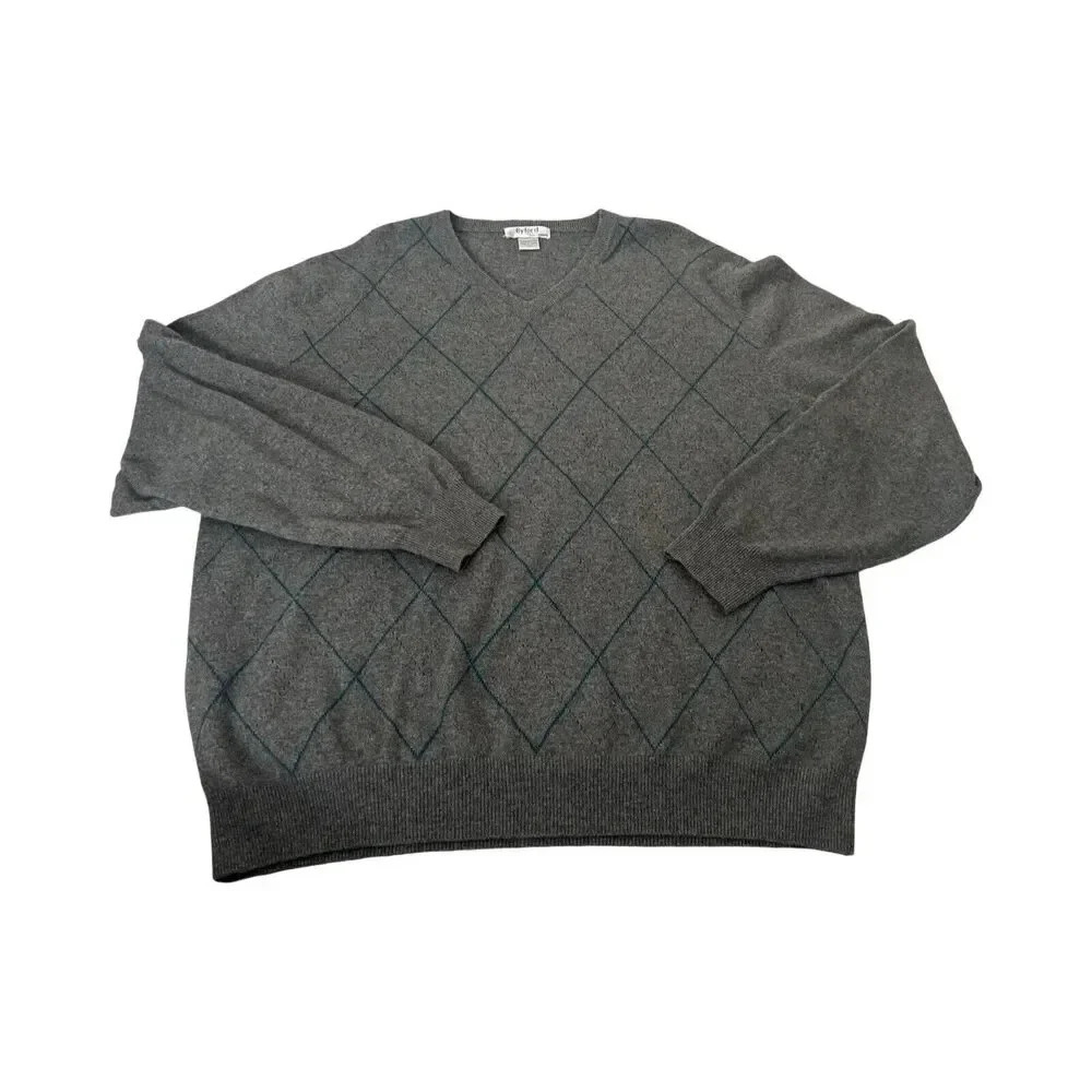 Byford London Mens XXL Gray 100% Cashmere Argyle V-Neck Sweater Charcoal Diamond